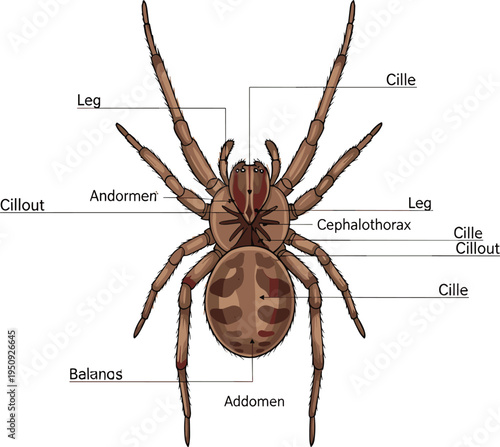 Spider anatomy diagram with labeled body parts legs abdomen and cephalothorax, scientific arachnid educational vector illustration