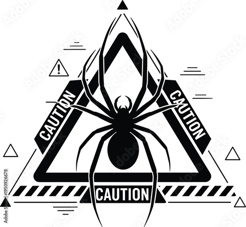 Spider warning symbol with caution triangle sign, dangerous arachnid hazard icon vector illustration isolated background