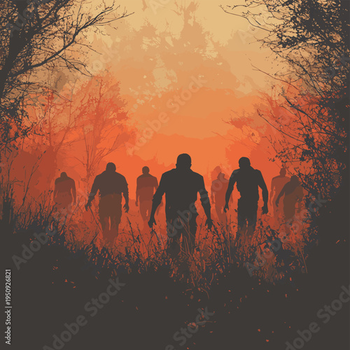 Horror Halloween concept. Silhouettes of scary zombies on misty field walking at the evening , vector style simple color