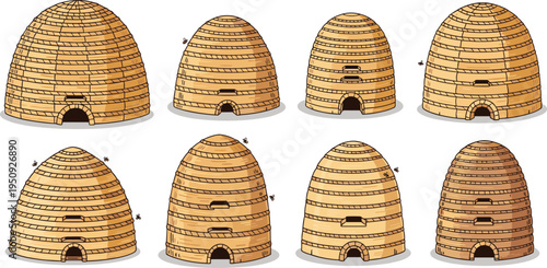 Straw Beehive Skep Collection with Traditional Woven Bee Houses, Rustic Apiary Honey Farming Structures and Natural Beekeeping Vector Illustration Set