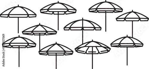 Nine different types of umbrellas displayed in a simple line drawing. Vector