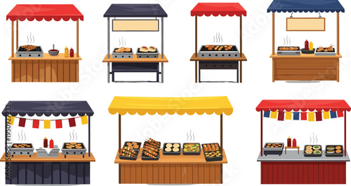 Street Food Market Stall Collection with Grilled Snacks, Festival Food Booths and Outdoor Vendor Stand Vector Illustration Set