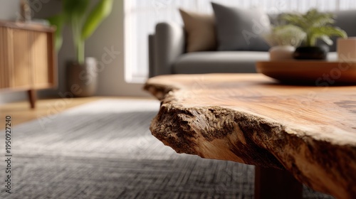 Natural live edge wooden coffee table in modern living room