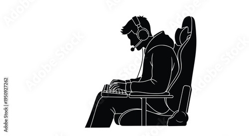 Vector illustration of a man sitting at a desk with a headset on