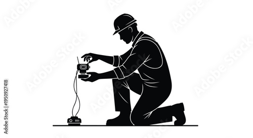 Vector illustration of a worker kneeling with a tool