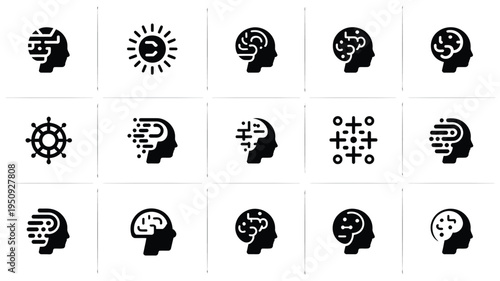 Innovative ai and brain concept icons in black silhouette on white background for technology and business designs
