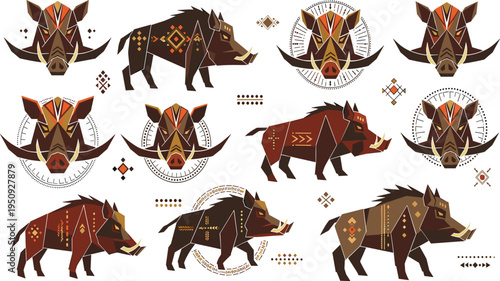 Tribal wild boar illustration collection with geometric ethnic patterns, decorative forest animal vector set for cultural design