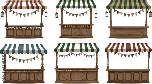 Vintage Market Stall Booth Collection with Striped Awnings, Wooden Festival Vendor Stands and Decorative Street Fair Shop Vector Illustration Set