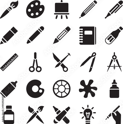 Collection of art and drawing tools and supplies icons