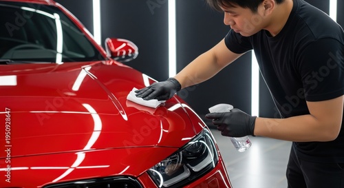 Expert car detailer polishing red luxury vehicle for pristine finish