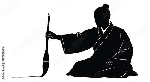Vector silhouette of a person in traditional Japanese clothing holding a calligraphy brush
