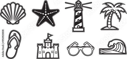 A collection of summer-themed icons including a seashell, starfish, lighthouse, Vector