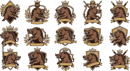 Wild boar heraldic emblem collection with crowns shields and banners, medieval animal crest vector illustration set