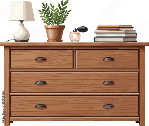 Wooden dresser with drawers decorated with lamp plant books and alarm clock, cozy bedroom furniture vector illustration