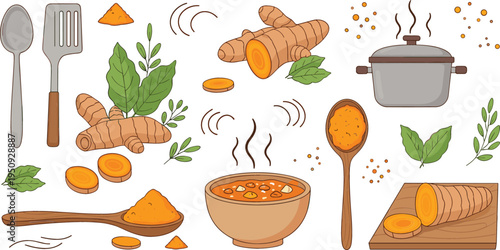 Turmeric Cooking Ingredients Set with Fresh Root Powder Herbs Soup and Kitchen Utensils Healthy Food Vector Illustration
