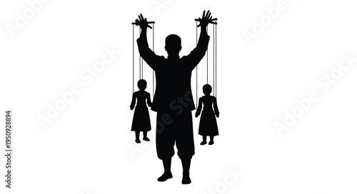 Vector silhouette of man controlling puppets on strings