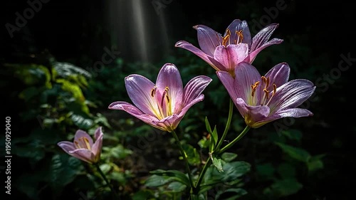 Delicate pink flowers bloom in soft, ethereal light