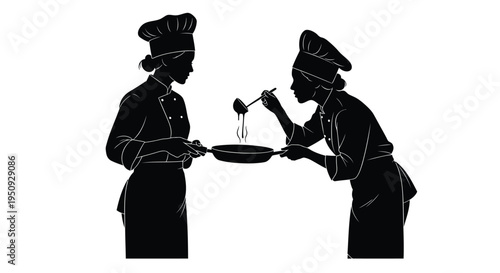 Vector illustration of two chefs cooking, black silhouette on white background