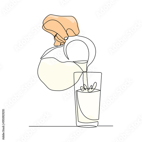 Continuous line sketch drawing of hand pouring a jug tea pot jar of fresh milk juice into glass. advertisement one single line art concept vector illustration editable stroke