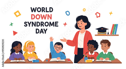Illustration of a teacher and diverse students celebrating World Down Syndrome Day with educational elements in a classroom setting with a supportive and inclusive mood.