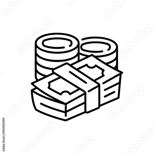 Pile of money bills and stacks of coins cash finance icon