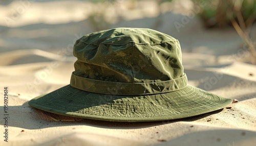Green bucket hat on sandy beach