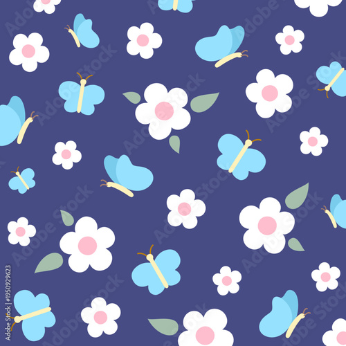 White flowers and blue butterfly pattern. Elegant floral composition on dark blue background. Calm nature theme. Seamless vector pattern.