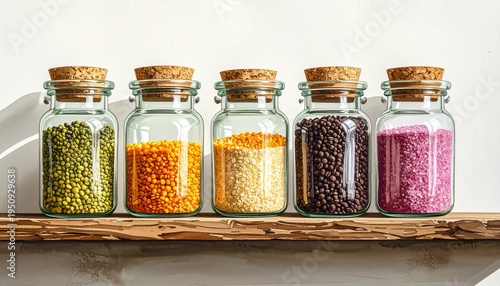 Glass jars with various grains and seeds on wooden shelf