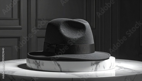 Black fedora hat on marble pedestal