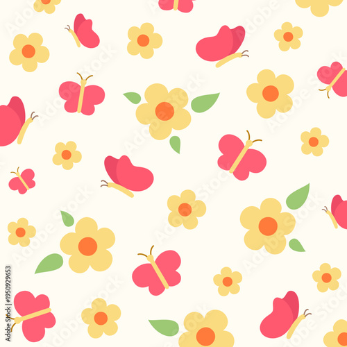 Yellow flowers and butterfly pattern. Light botanical arrangement on pale yellow background. Fresh spring garden style. Seamless vector pattern.