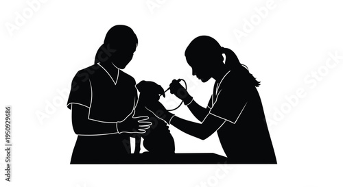 Black silhouette of two veterinarians examining a dog vector