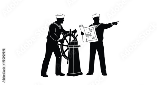 Black silhouette of two sailors with ship wheel and map vector