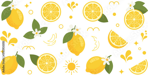 Lemon Seamless Pattern with Citrus Fruits Leaves Flowers and Slices Fresh Summer Food Background Vector Illustration