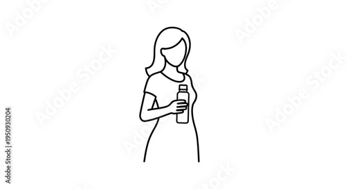 Woman Holding Water Bottle, Healthy Hydration Lifestyle, Simple Line Art Icon