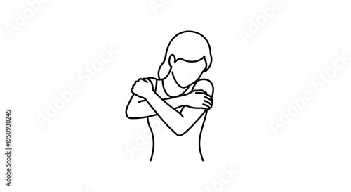 Woman hugging herself, feeling cold, sad, or insecure, line drawing illustration