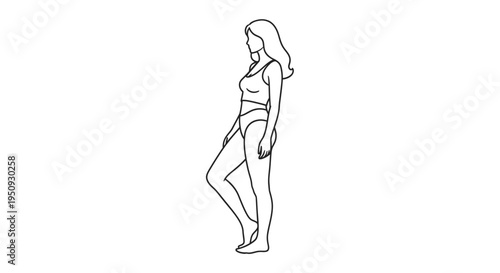 Woman in bikini posing, side view, minimalist line art, fashion illustration