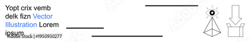 Vision, perception, design concepts, creativity, knowledge sharing, packaging. Eye symbol with geometric design and box element. Vision and perception concept