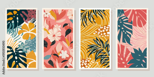 Four vertical botanical wall art panels with vibrant tropical foliage