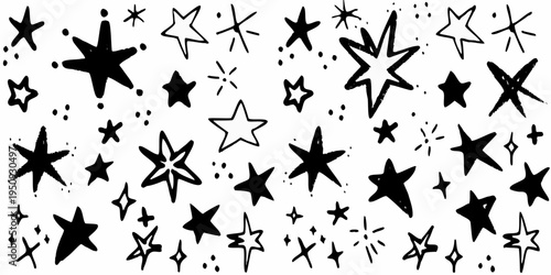A scattered pattern of hand drawn stars and sparkles on a white background
