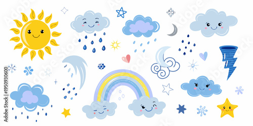 Cute cartoon weather elements including sun clouds rainbow and lightning