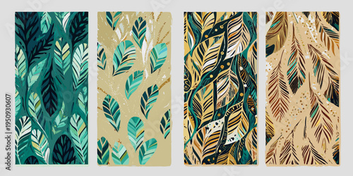Four patterned bookmarks featuring colorful and artistic feather designs
