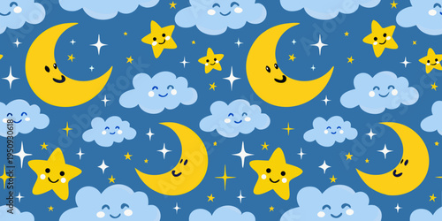 Cute cartoon pattern featuring moons stars and smiling clouds