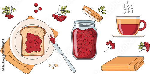 Rowan Berry Jam Breakfast Set with Toast Jar Tea Cup and Fresh Red Berries Homemade Organic Food Vector Illustration