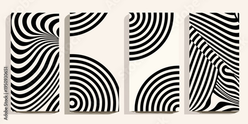 Optical illusion art four vertical panels with swirling black and white lines