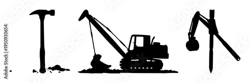 Sledgehammer set with solid black silhouette and clean sharp edges featuring heavy, demolition, construction with silhouette and black