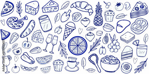 Hand drawn doodles of various foods and beverages in blue lines