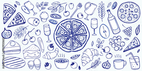 Blue line drawing of various foods including pizza fruit and pastries
