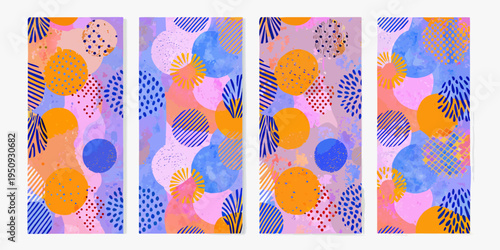 Four colorful abstract patterned panels with organic shapes and vibrant hues
