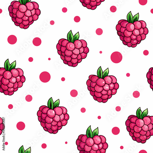Seamless pattern of vibrant raspberries and pink circles on white