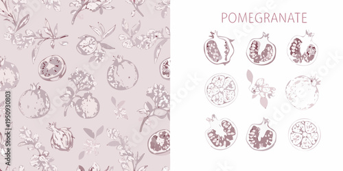 Botanical illustration of pomegranates and floral elements in a repeating pattern
